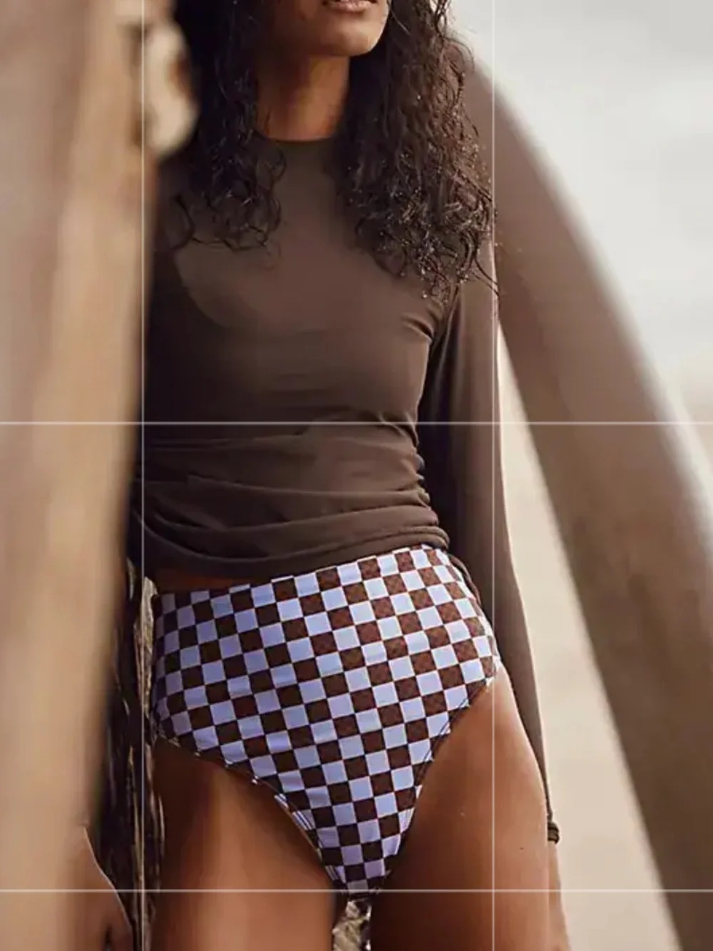 New Salt Gypsy x Free People High Cut Surf Lg Purple Brown Check Bikini Bottoms